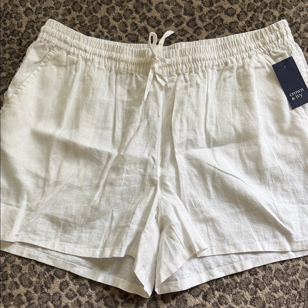 crown & ivy White Linen-Blend Drawstring Shorts size L NWT